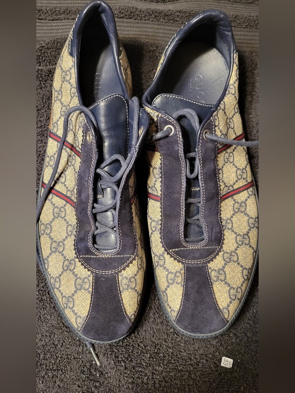 Gucci Beige GG Canvas and Navy Suede Men’s Lace-Up Sneakers with Red Stripe